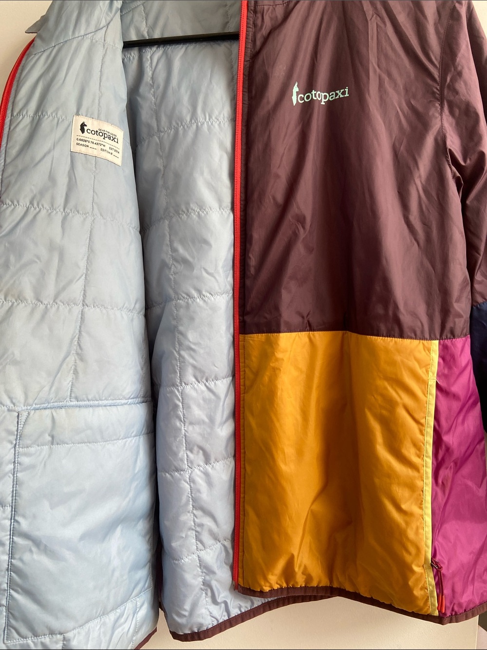 cotopaxi Colorblock Hooded insulated Jacket - Plum, Gold, Pink, Blue - Picture 2 of 3